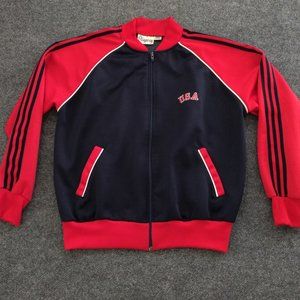 PLAYWAY Vintage Men's L Track Jacket Red‎ Blue Zip Pockets Striped Long Sleeve